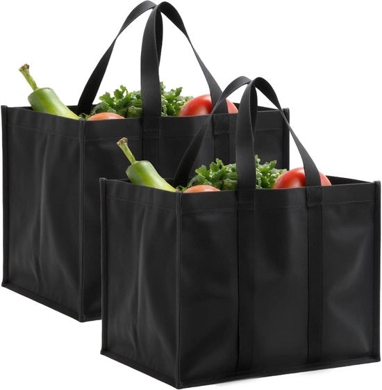 Set di 2 sacchi per spesa riutilizzabili in nylon nero con maniglie - Pieghevole e lavabile - Riesce a stare in piedi - Maniglia rinforzata - Dimensioni extra grandi e durature