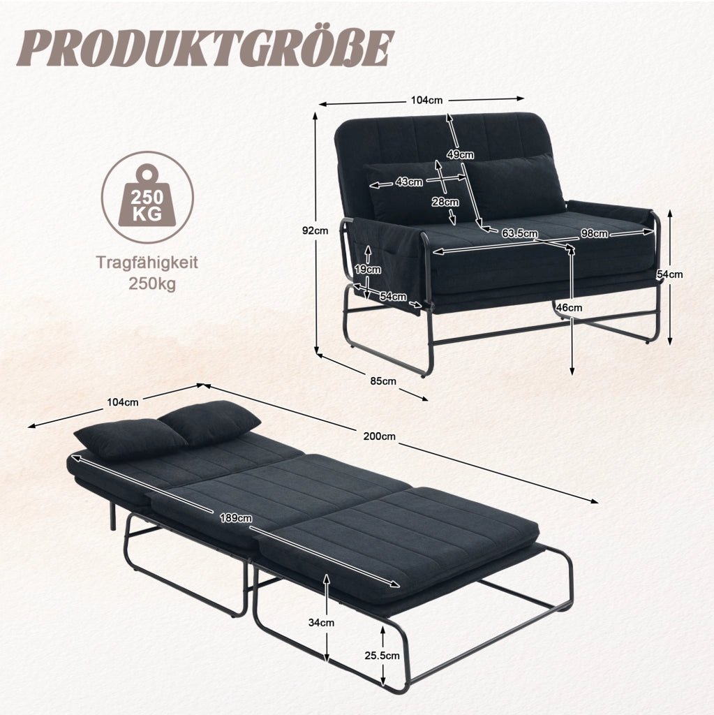 Divano letto 2 posti 104x85x92 cm nero in ciniglia, metallo e tasche laterali