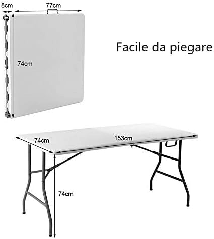 Tavolo Pieghevole da Campeggio con Maniglia, Tavolo da Pranzo Inerno e Esterno Portatile, Salvaspazio, 153 x 74 x 74 cm, Capacità 150 kg, per Giardino Picnic (Modello 2)