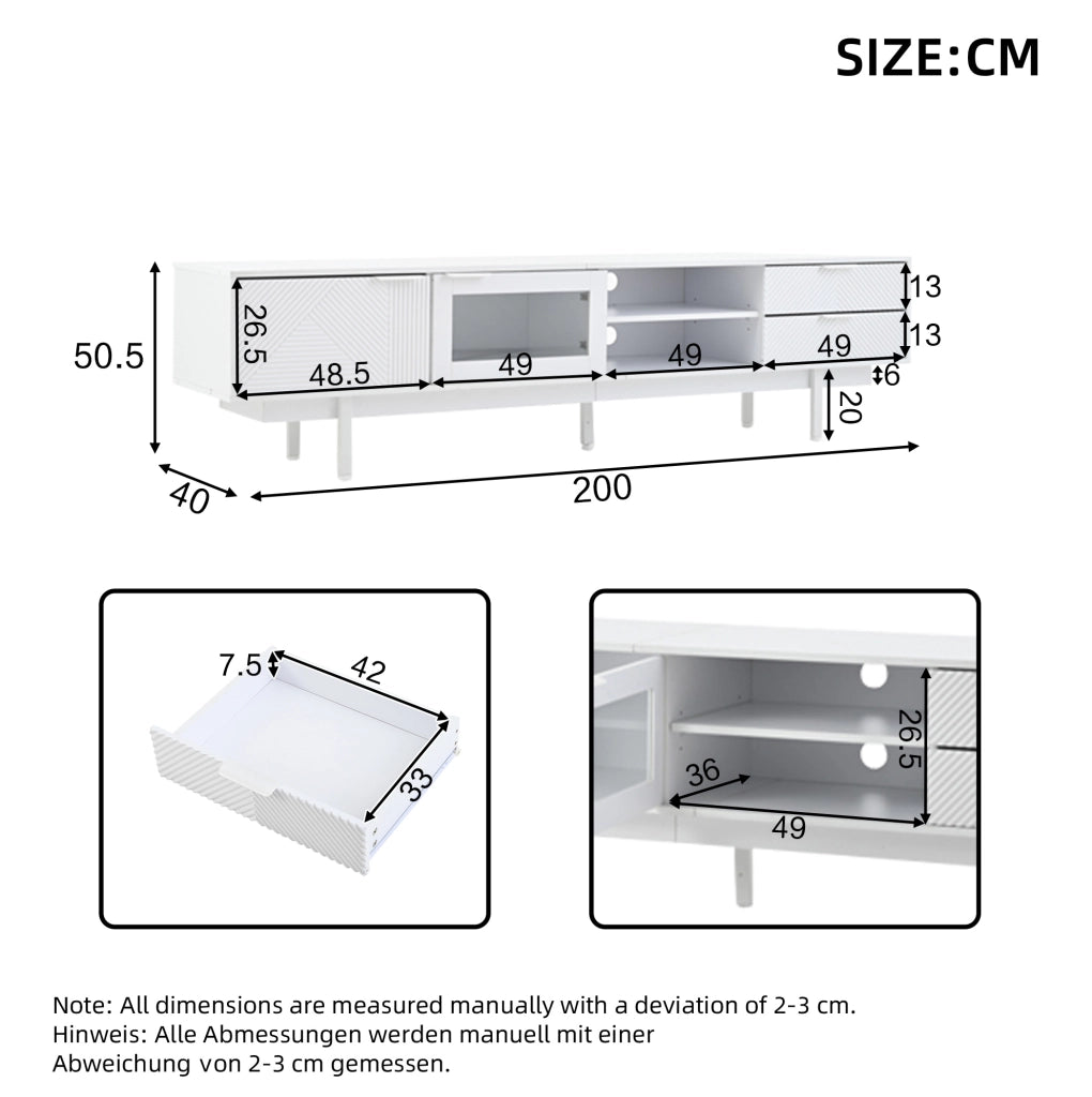 Mobile TV moderno bianco con 2 ante e 2 cassetti, 200 x 40 x 50,5 cm