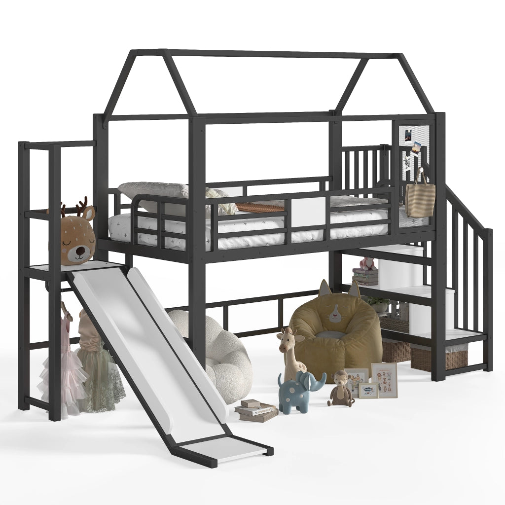 Letto a soppalco a casetta 90 x 200 cm in metallo nero con scivolo e LED