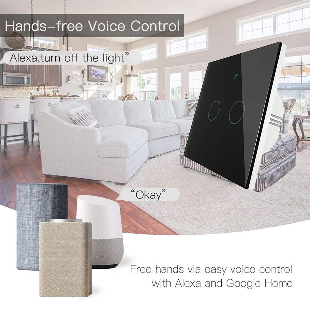 Interruttore Da Parete Touch 2 Tasti, WIFI 2.4G+BLE+RF 433MHz, Bluetooth BLE Mesh TUYA, Smart Life, 10A, AC 90-250V, 50/60HZ, 86X86X30mm Per Scatola 502, IP20, Nero, SH9442B