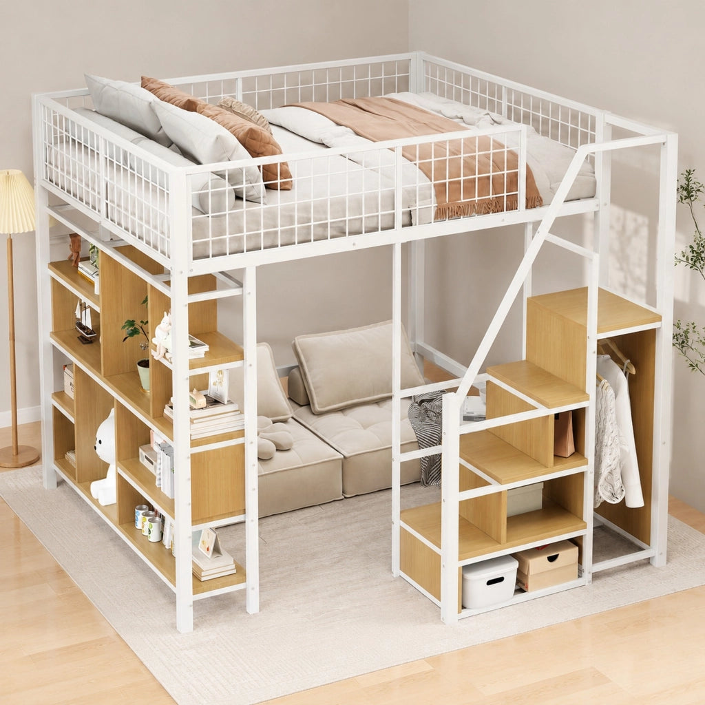 Letto a soppalco multifunzionale 140 x 200 cm in metallo e legno con scala contenitore, bianco