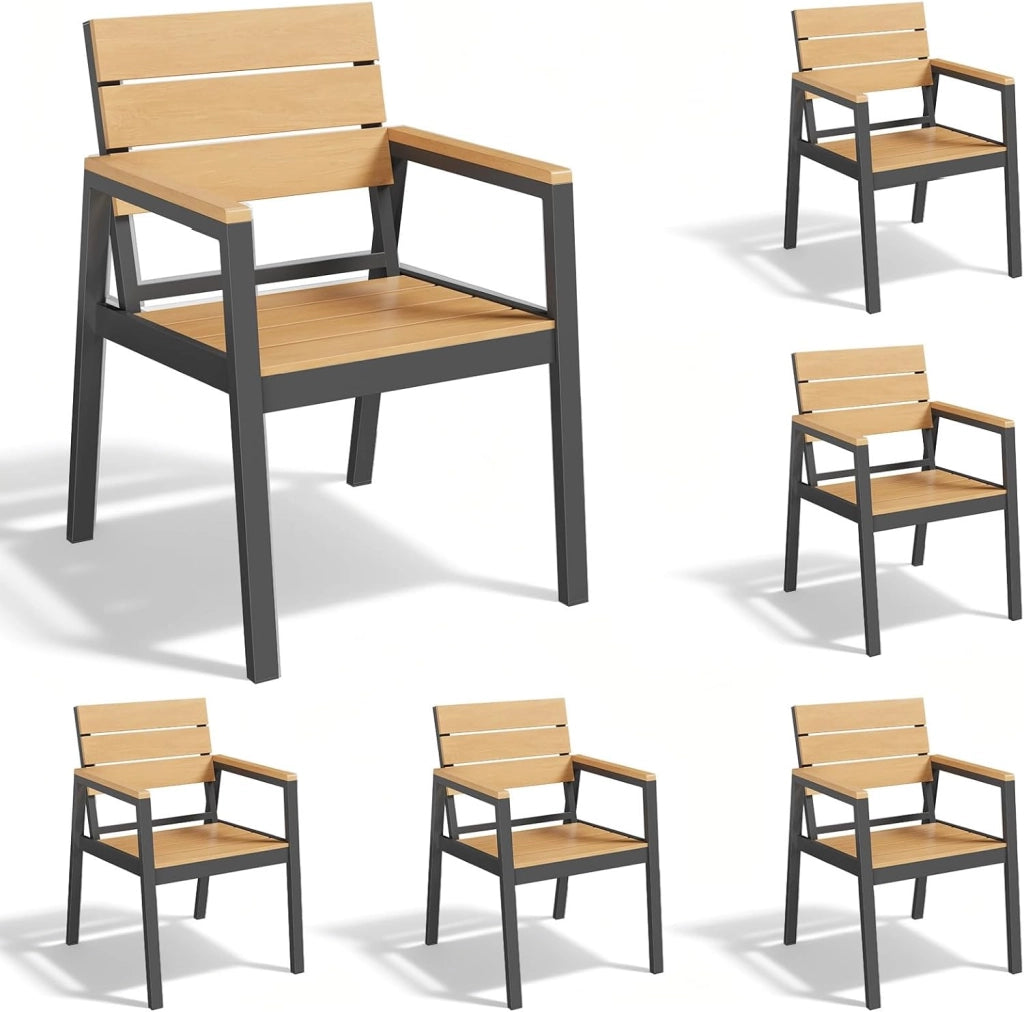 Sedie da Giardino Set di 4, Sedie da Esterno Alluminio Resistenti e Impermeabili con Finitura a Vena di Legno, Seduta di Dimensione Maggiorata che Supporta 160 kg, Facili da Pulire, Naturale