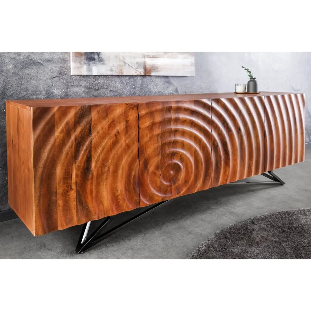 Buffet ZENWOOD 180 cm – Legno massiccio scolpito 3D e metallo nero – 4 porte
