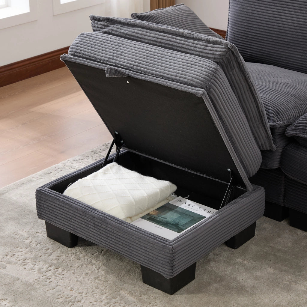 Divano Modulare a 3 Posti con Pouf Contenitore, Porta USB-C e Tasche laterali in Corduroy Grigio Scuro