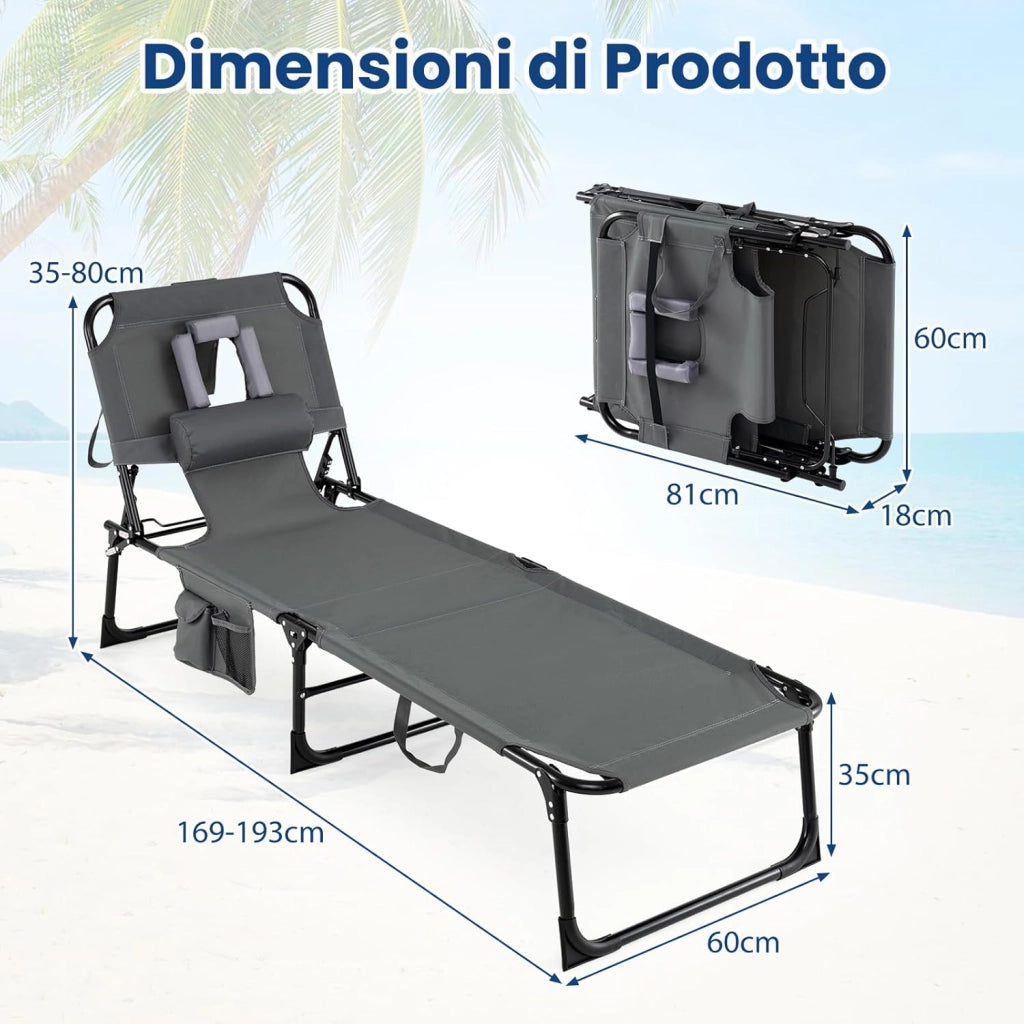 Lettino Prendisole da Spiaggia, Sdraio Mare Pieghevole Portatile con Foro per Viso e Braccia, Cuscino e Tasche Laterali, Schienale Regolabile 4 Posizioni, Portata 150 kg (Grigio)