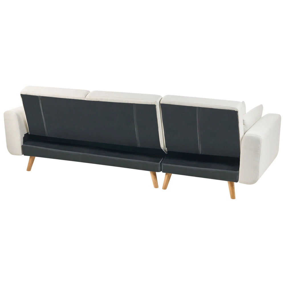 Divano Angolare ad Angolo Destro Bianco in Tessuto Imbottito a L con Seduta Trapuntata Cuscini Decorativi e Funzione Letto