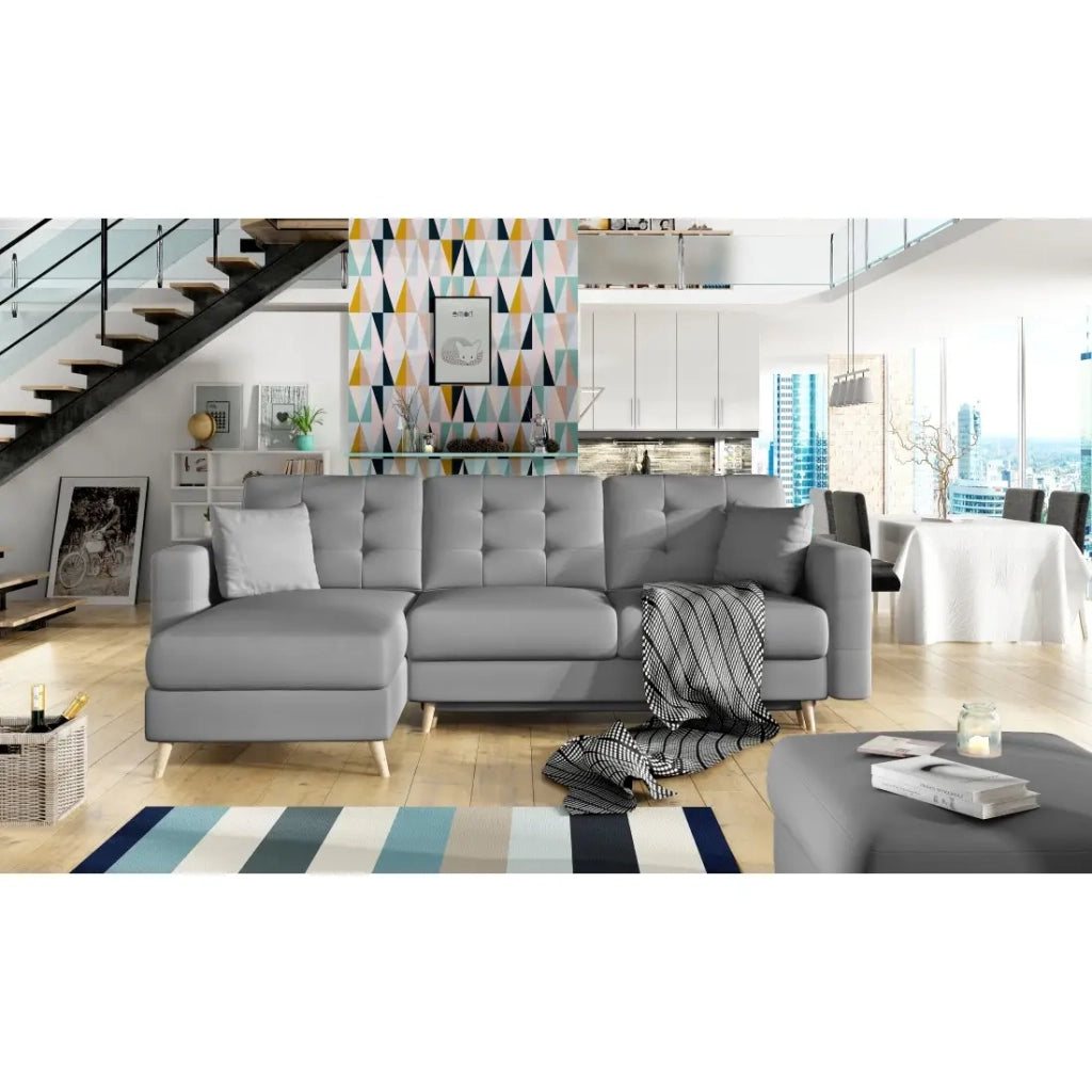 Divano angolare trasformabile HASGARD 3 posti grigio 248x162 cm – con vano contenitore e piedi in legno