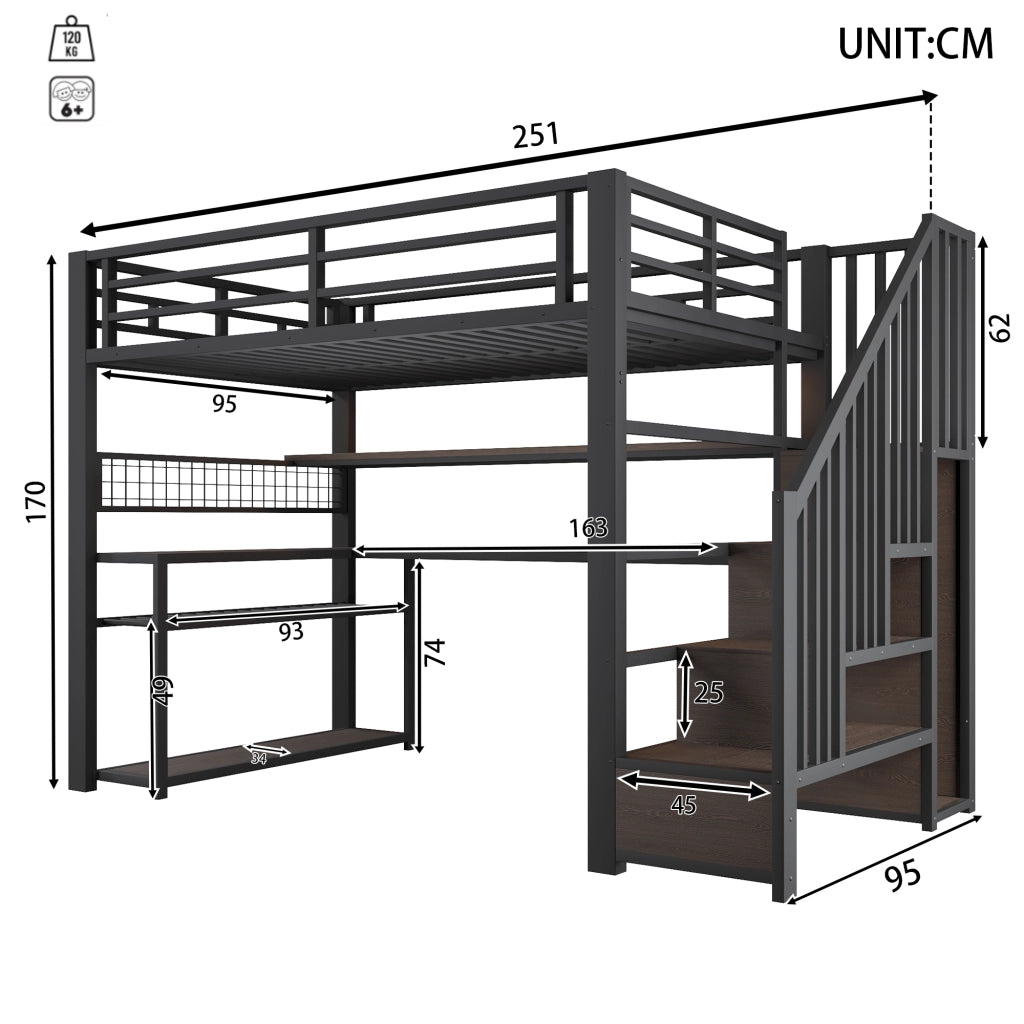 LETTO A CASTELLO 90x200 cm in metallo e MDF nero con scrivania, armadio e LED