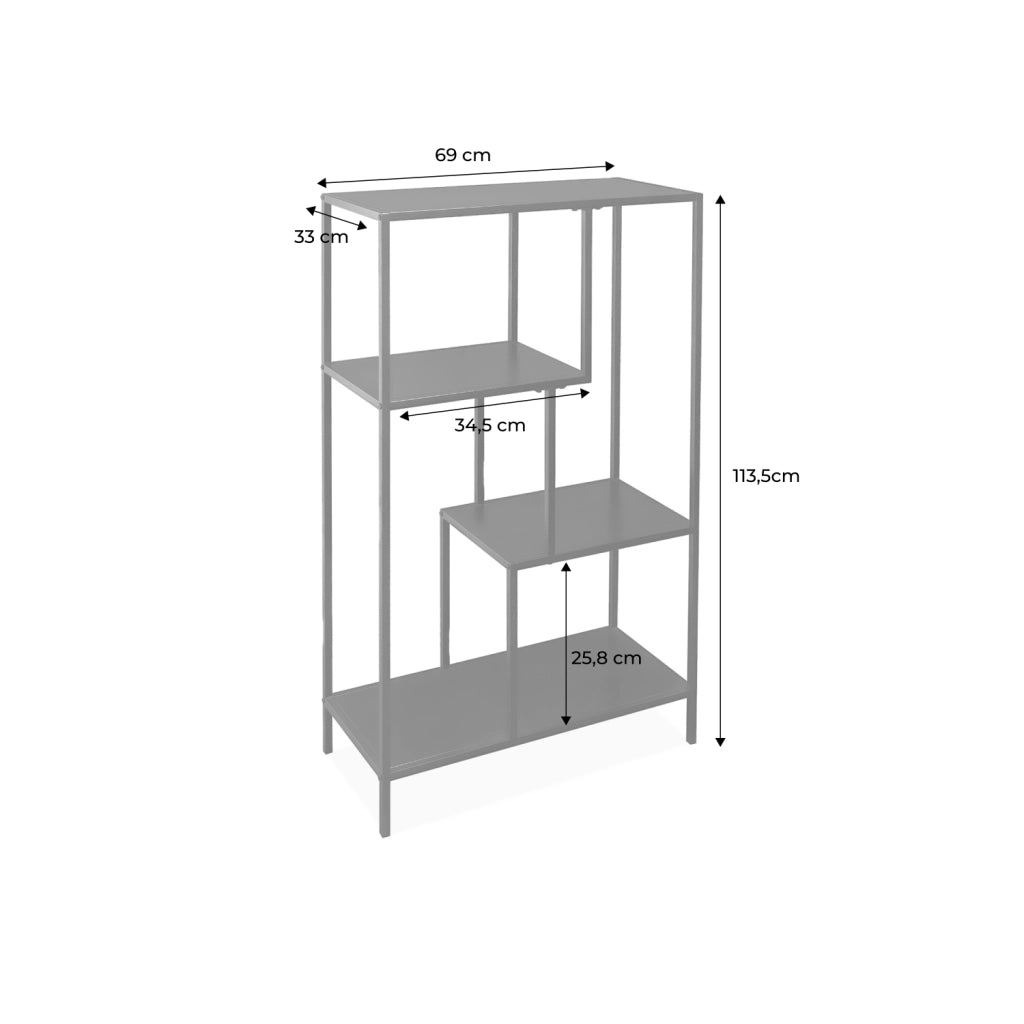 Libreria asimmetrica in metallo nero con 4 ripiani, nero