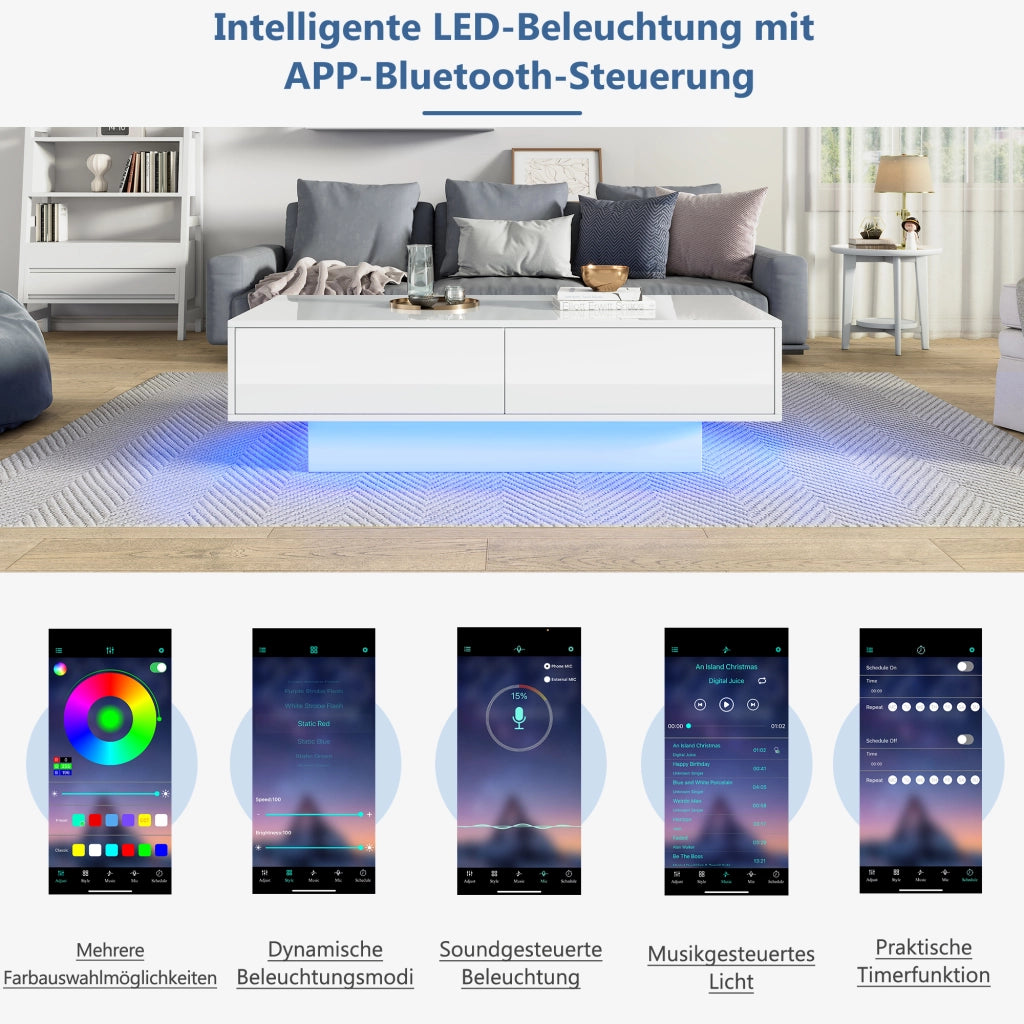 Tavolino da caffè rettangolare con 2 cassetti e LED, stile moderno, in truciolare, bianco, 115 × 55 × 34 cm