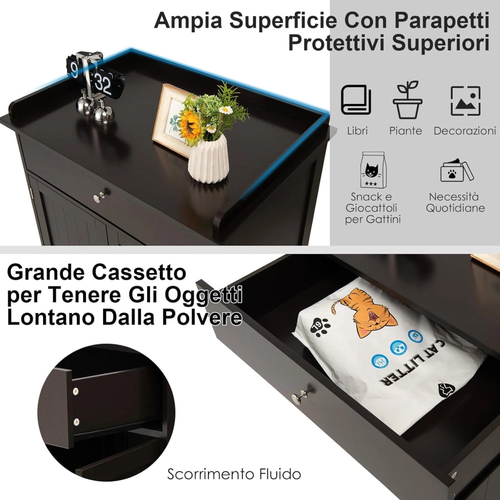 Mobile per Lettiera Gatti in Legno, con Portaoggetti, 2 Ante, Cassetto e Ingresso Laterale, Mobiletto Multiuso per Ingresso e Soggiorno, 76 x 53 x 74 cm, Carico Massimo 30 kg (Caffè)