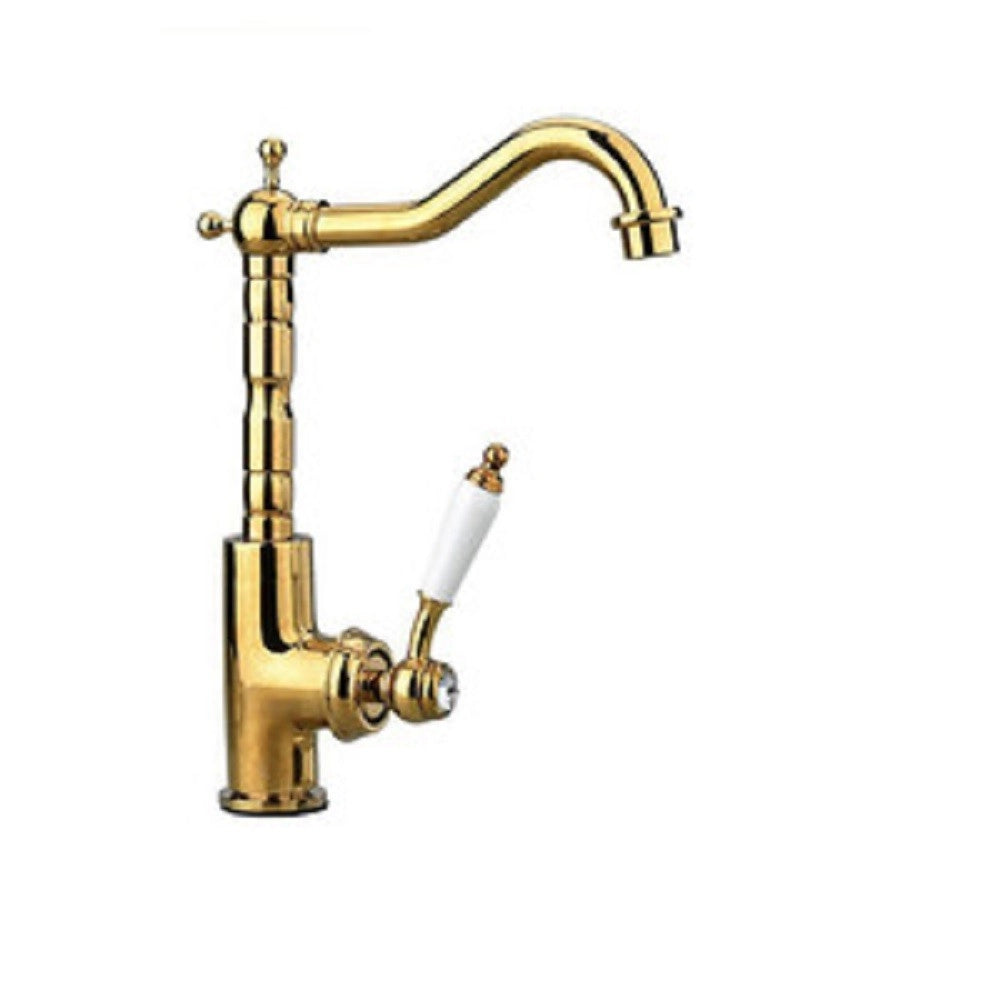 Trade Shop - Rubinetto Da Cucina Per Lavabo Monoforo Ottone Oro Lucido Miscelatore Canna Alta -
