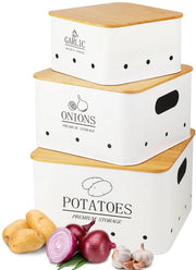 Set di conservazione per patate, zucchine e aglio - 3 pezzi - Contenitore di conservazione per patate, zucchine e aglio con coperchio in bambù - Conserva i prodotti freschi più a lungo - Contenitori per patate, zucchine e aglio - Bianco