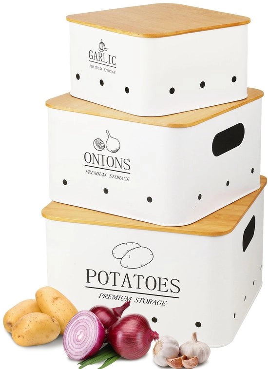 Set di conservazione per patate, zucchine e aglio - 3 pezzi - Contenitore di conservazione per patate, zucchine e aglio con coperchio in bambù - Conserva i prodotti freschi più a lungo - Contenitori per patate, zucchine e aglio - Bianco