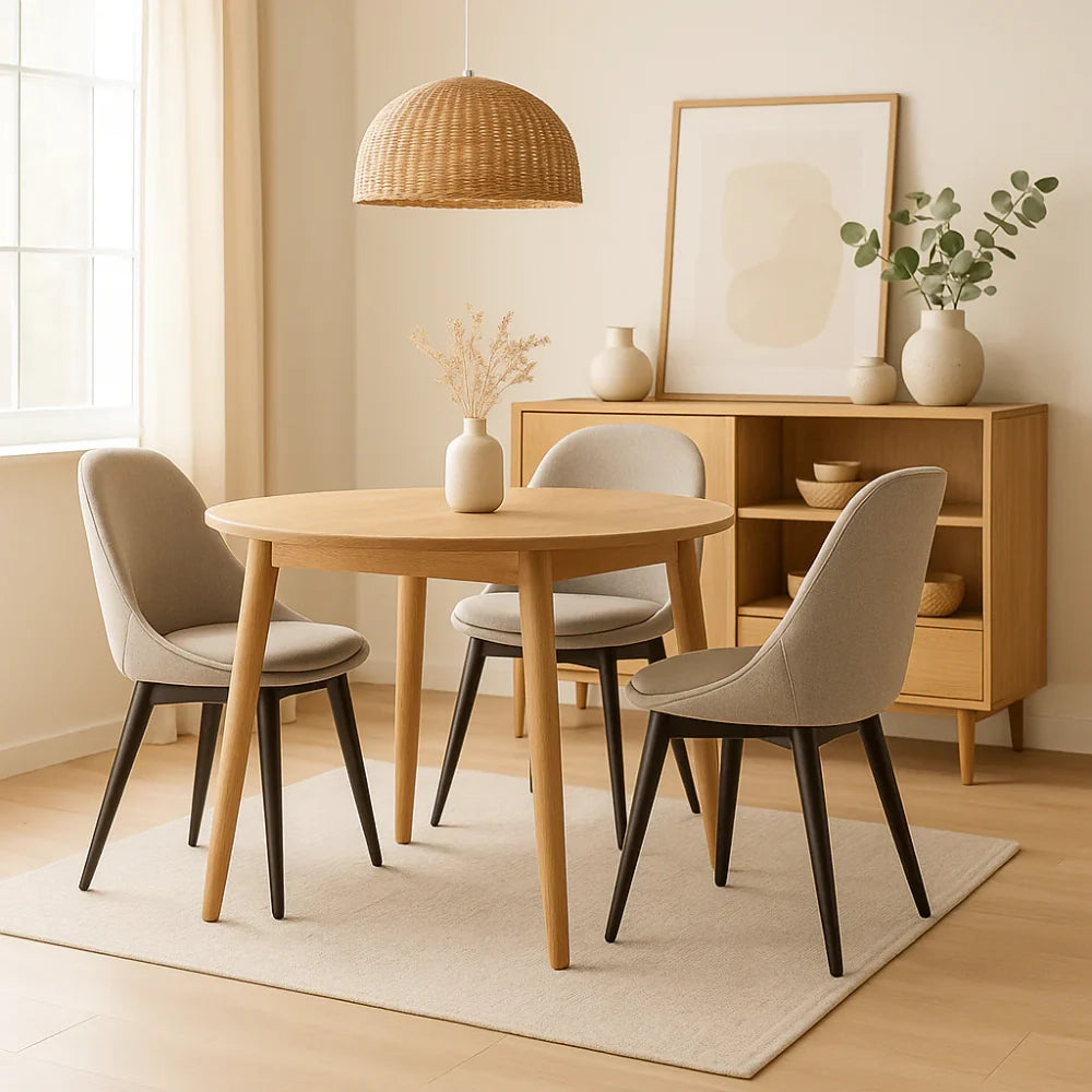 Set di 4 sedie da pranzo imbottite in tessuto marrone chiaro Delphi con struttura in legno massello di noce facili da pulire | Duzzle