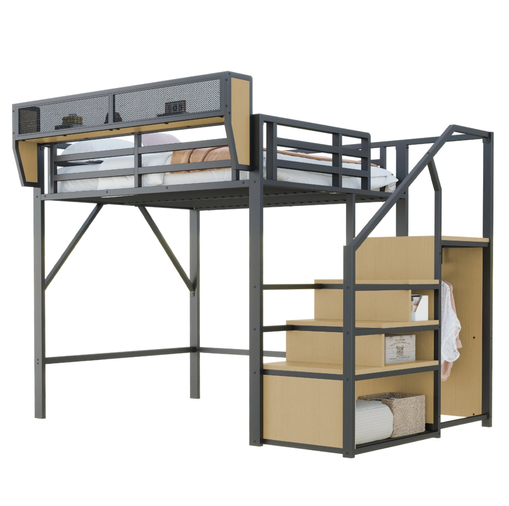 Letto a soppalco 140x200 cm; scala di sicurezza e ripiano flessibile; metallo nero (Senza materasso)