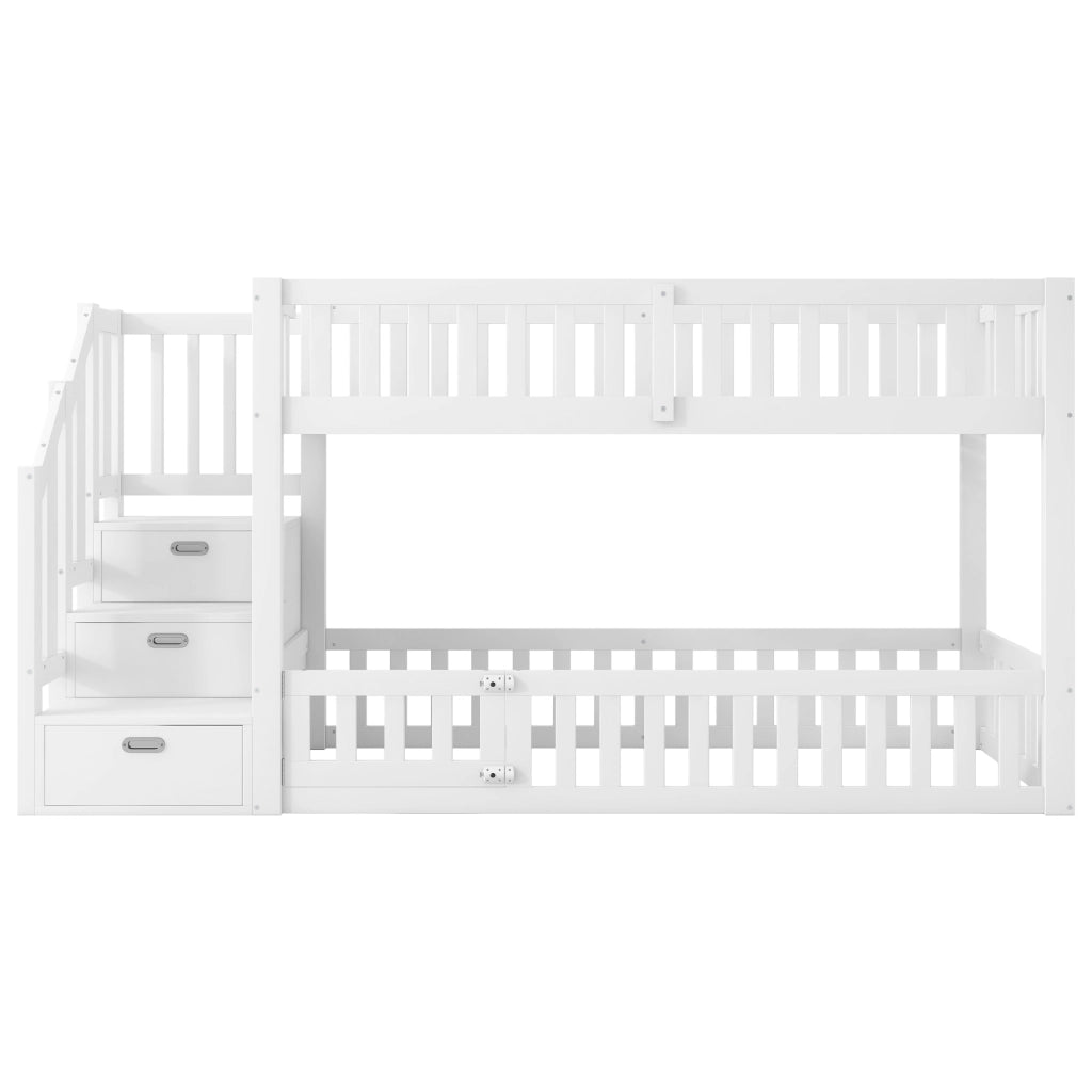 Letto a castello 90 × 200 cm con scala laterale e vano portaoggetti, senza materasso, in legno, bianco