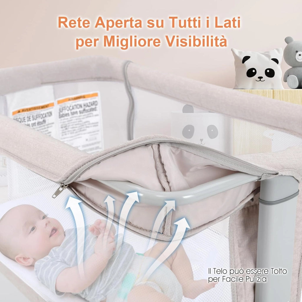 3 in 1 Culla Neonato Fianco Letto, Lettino Neonato Dondolo con Materasso, Culla Co-Sleeping Fino a 9 kg, Altezza Regolabili, 84 x 59,5 x 80,5cm (Beige)