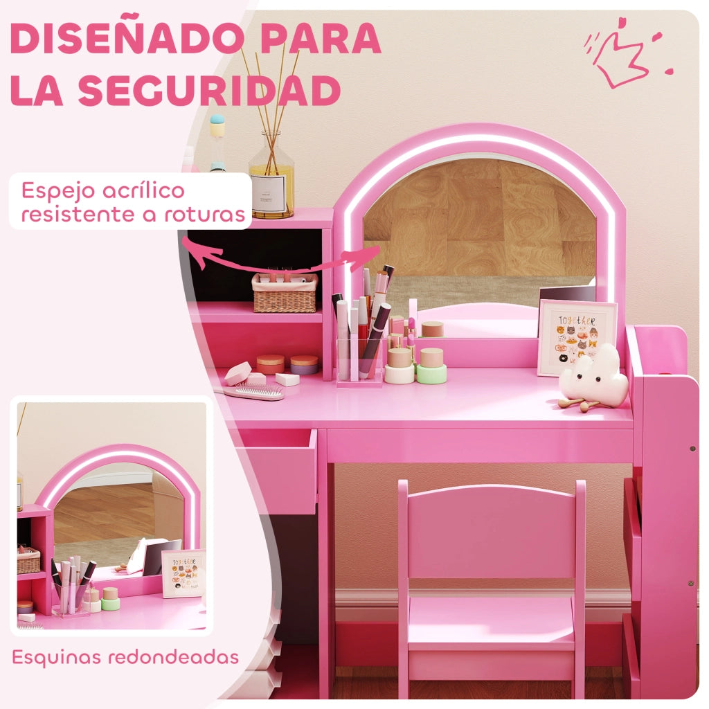Cassettiera per Bambini con Specchio LED ¨C zephmum ¨C Rosa, Legno, 5 Ripiani