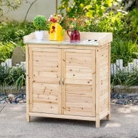 Armadio da Giardino con 2 Ripiani, Piano di Lavoro in Metallo con Bordo Rialzato, 83 x 40 x 92 cm, Legno Naturale
