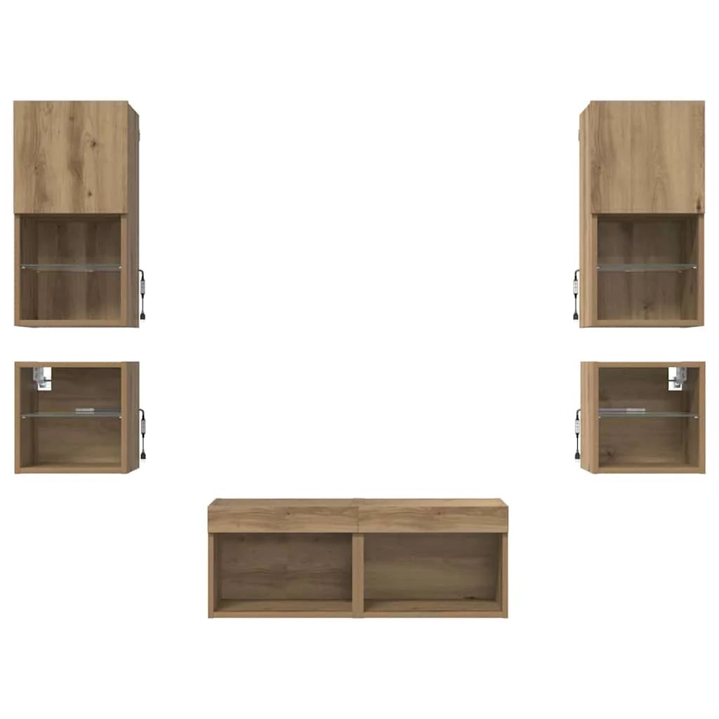 Set di 8 moderni mobili TV da parete con LED design minimalista 30 x 28,5 x 30 cm finitura rovere ingegnerizzato realizzati a mano 02_0056083