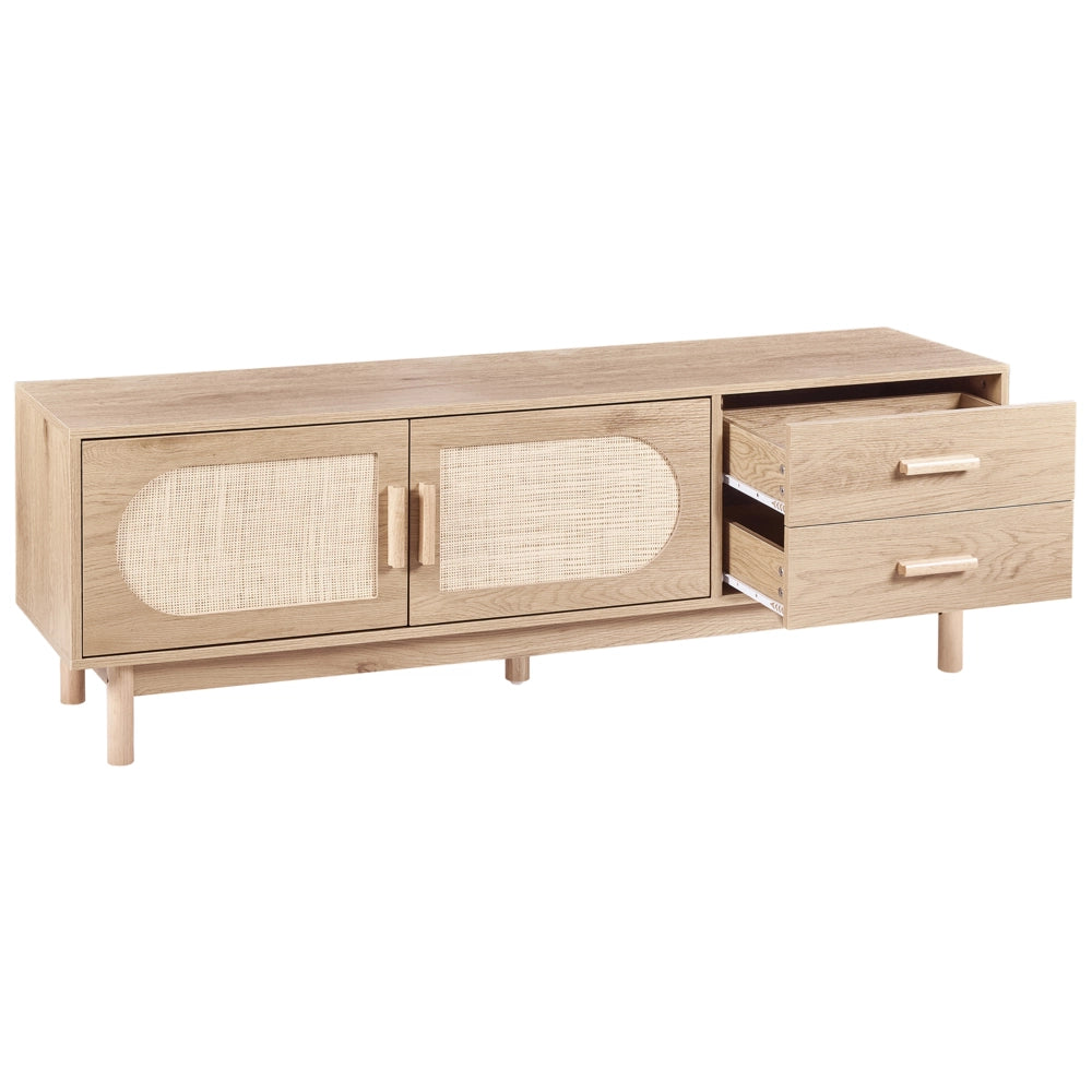Mobile TV marrone chiaro in truciolato con frontale in rattan TV fino a 70ʺ Gambe in legno Stile boho Soggiorno
