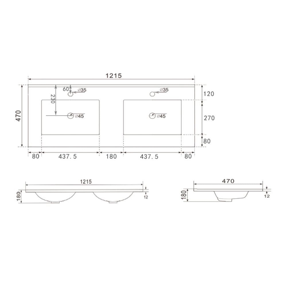 Lavabo da appoggio 20331 in ceramica due vasche 121.5x47 cm colore bianco