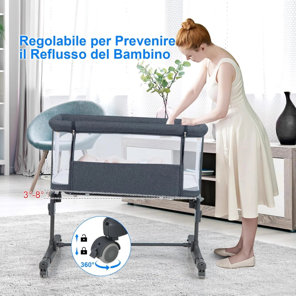 3 in 1 Culla Neonato Fianco Letto, Lettino Neonato Dondolo con Materasso, Culla Co-Sleeping Fino a 9 kg, Altezza Regolabili, Inclinazione di 10°, 84 x 59,5 x 80,5cm (Grigio Scuro)