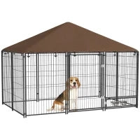 Kennel da Esterno per Cani in Acciaio e Tessuto Oxford con Supporto Ciotola e Tetto Resistente alle Intemperie, Spazioso, Marrone