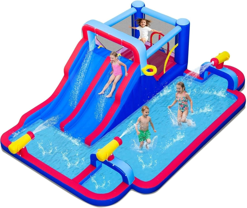 Parco Gonfiabile Scivolo d'Acqua, Grande Castello Gonfiabile con Doppio Scivolo, Piscina d'Acqua, Area Salto, Parete Arrampicata, Canestro da Basket e 3 Cannoni d'Acqua, 646 x 418 x 211 cm