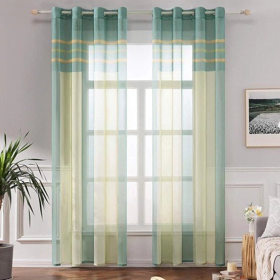 Tendina decorativa a righe verdi e gialle, vetrata a metà (140cm x 260cm)