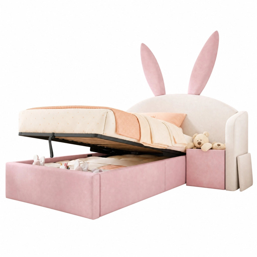Letto per bambini 90x190 cm in velluto con testiera con orecchie, comodino contenitore e spazio salvaspazio