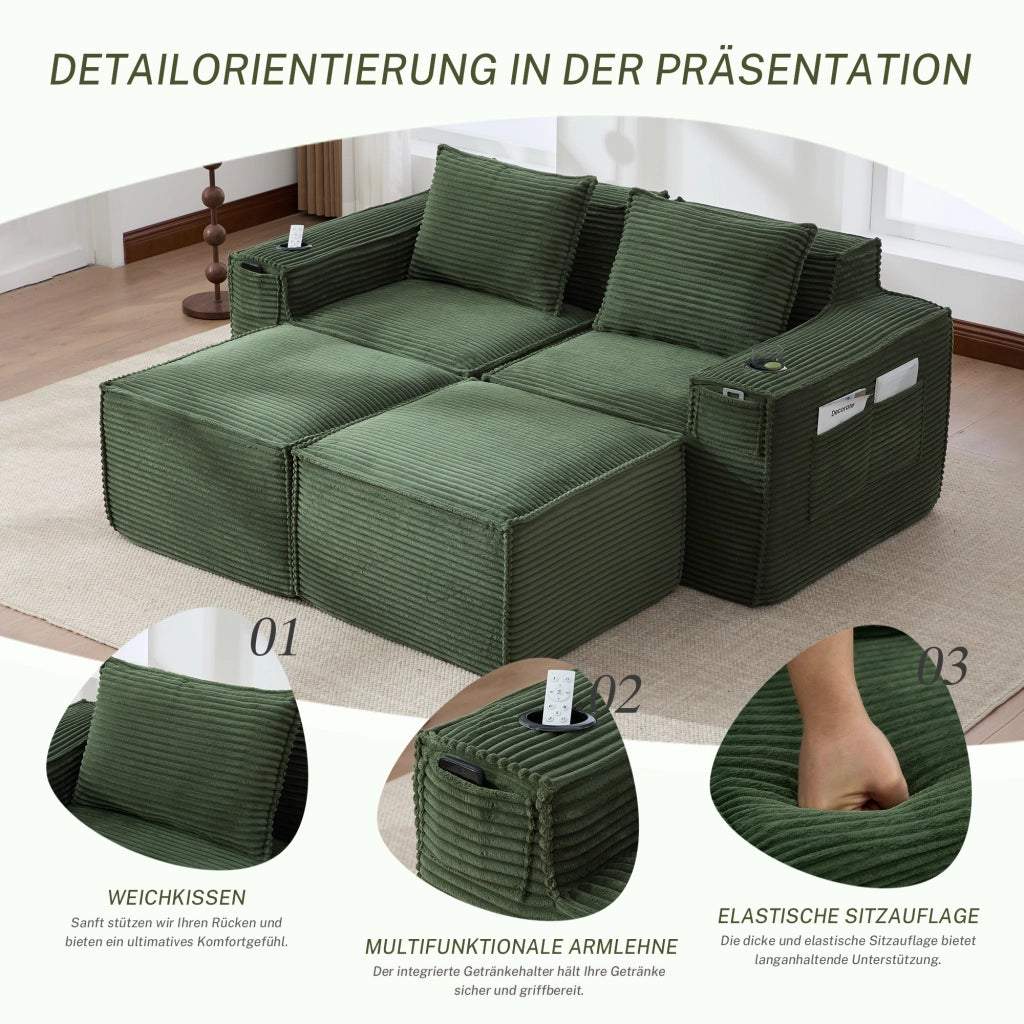 DIVANO Modulare 2 posti 188x162x75 cm Velluto a coste Verde con 2 pouf