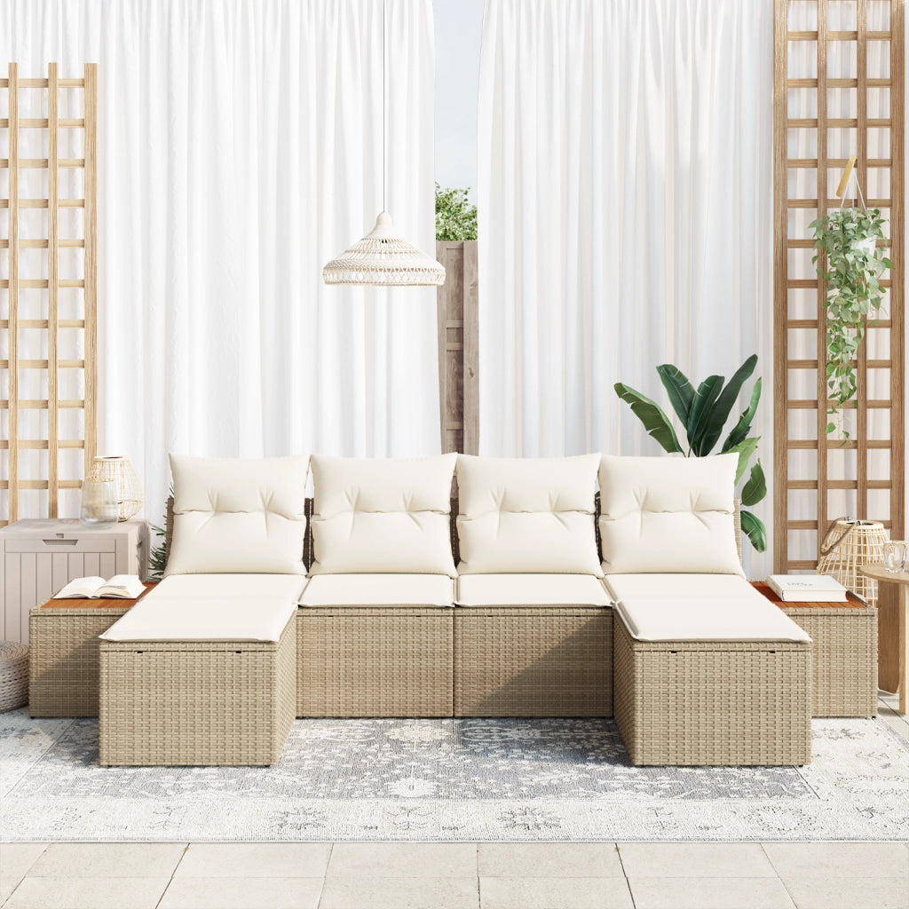 Set da giardino da 6 pezzi con cuscini beige in polyrattan acacia