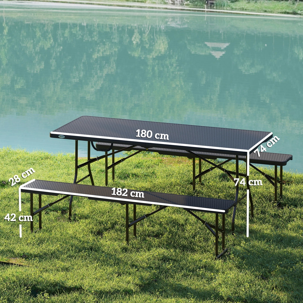 Set da Pic Nic Pieghevole a 3 Pezzi con Tavolo e 2 Panche in HDPE e Metallo, Nero