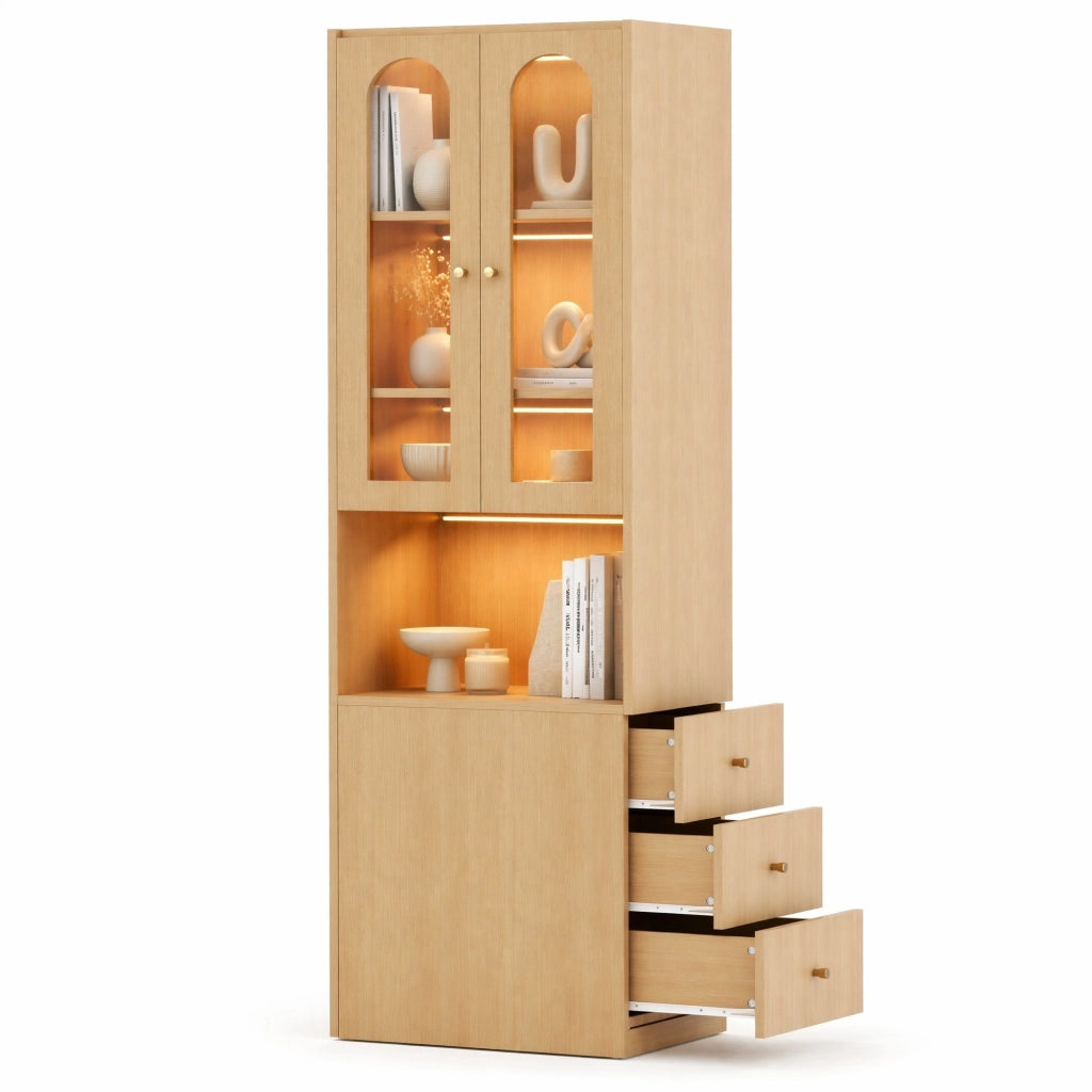 Libreria alta e stretta 60x40x200 cm effetto rovere, vetrina in vetro temperato, LED multicolore, 3 cassetti, reversibile