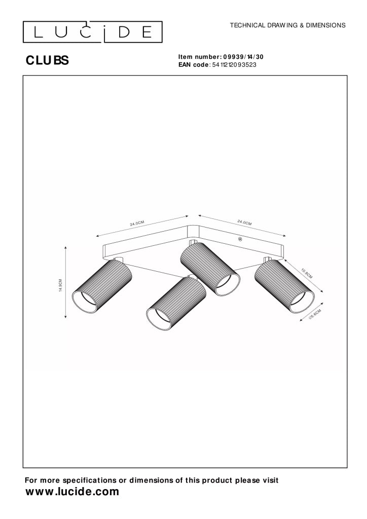Plafoniera quadrata nera a tubi CLUBS Lucide 4xGU10 40W