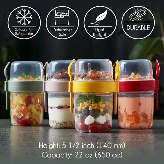 Set di bicchieri per yogurt da portare con sé, 4 pezzi, BPA-free, con cucchiaio e forchetta, lavabile in lavastoviglie, colazione da asporto, set di muesli, contenitore per frutta con coperchio