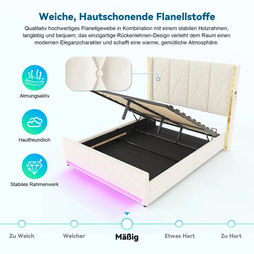 LETTO Contenitore 160x200 cm in Velluto Beige con USB, LED e tasche laterali