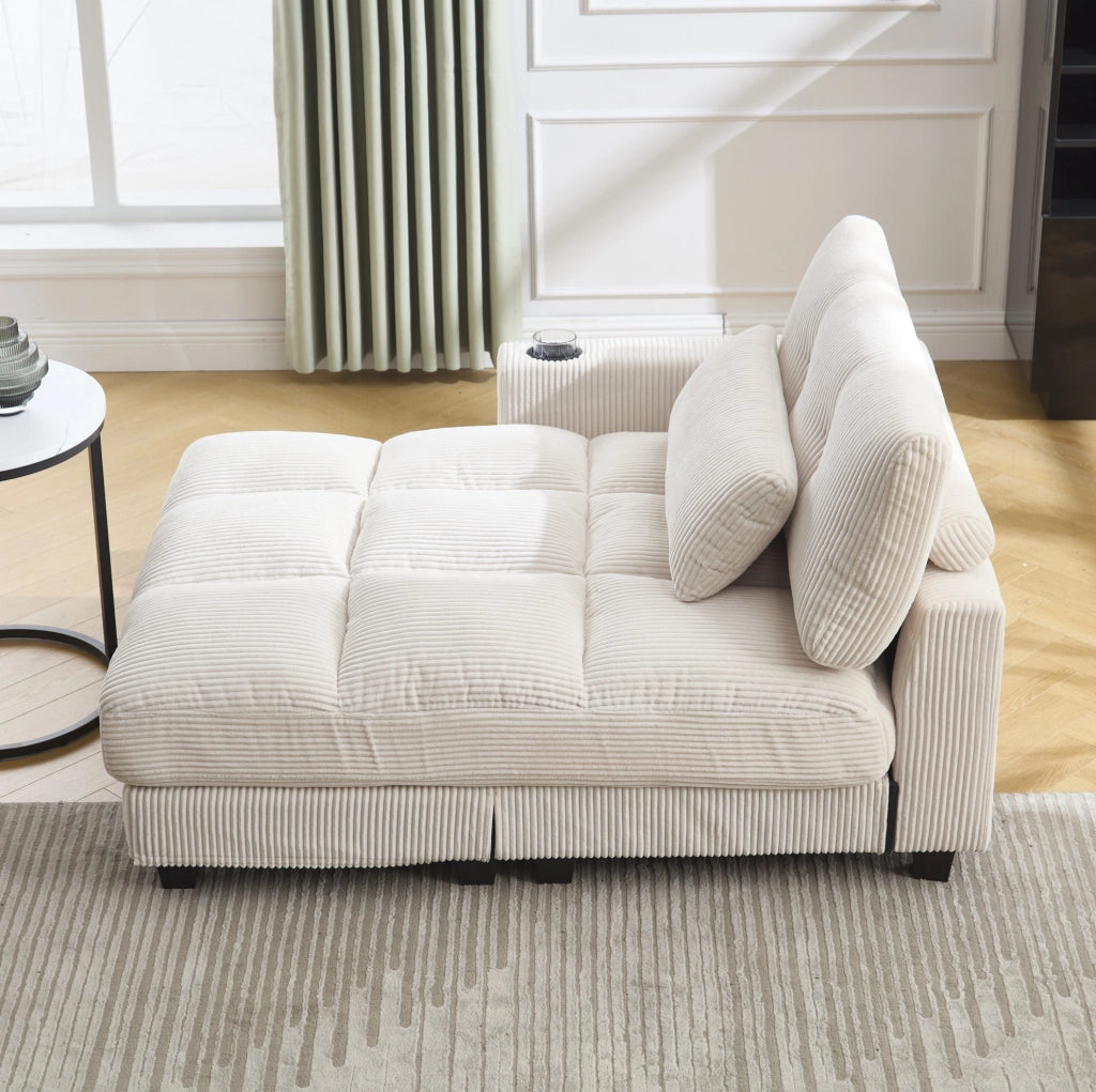 Poltrona relax 140x112x81 cm in tessuto beige con portabicchieri e tasca laterale