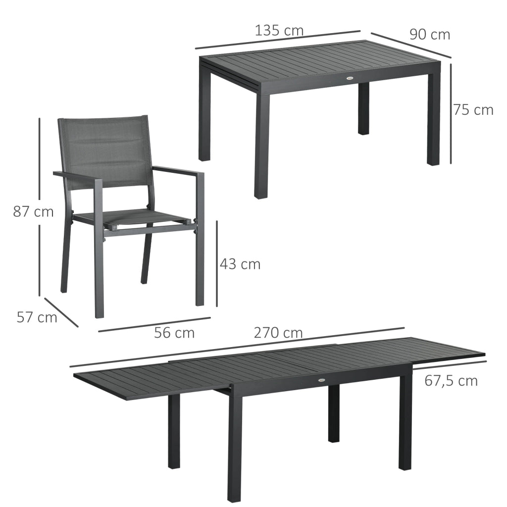 Set tavolo da pranzo allungabile 135-270 cm con 8 sedie impilabili ¨C Xylo ¨C alluminio textil¨¨ne grigio 6/10 persone