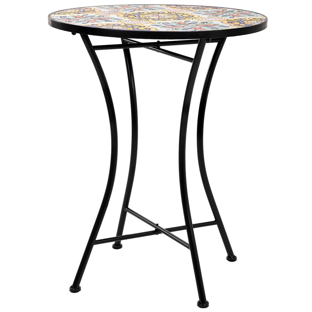 Set tavolo e due sedie in mosaico nero e ferro battuto tavolo: D60x75h - sedia (2): D38x46-90h