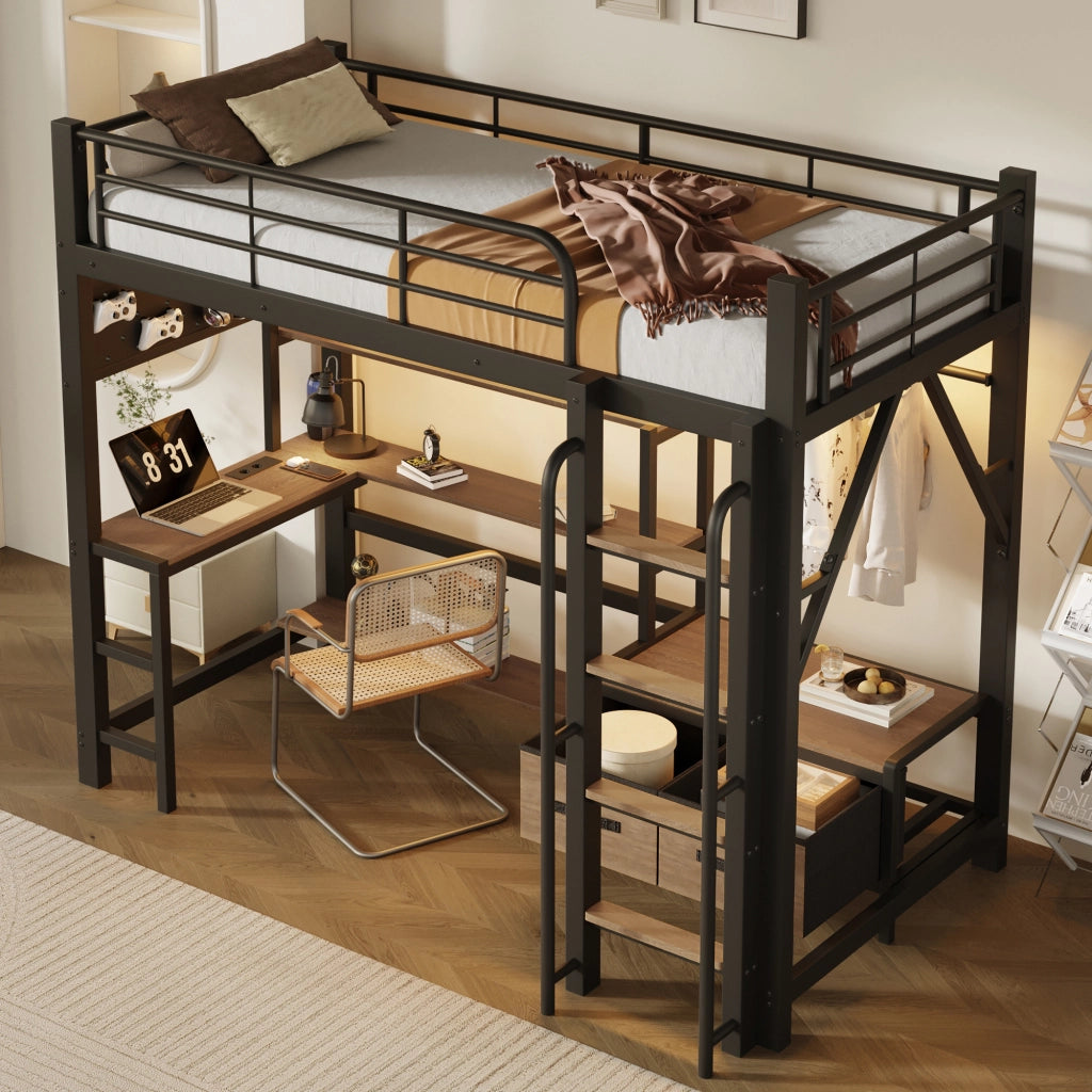 Letto a soppalco in metallo 90x200 cm con scrivania; vani; USB; barra appendiabiti; LED e parapetto; nero