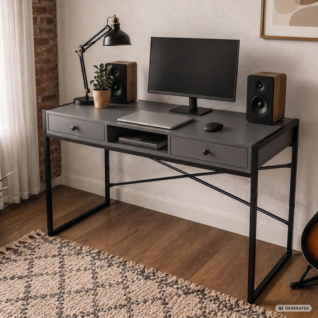 Scrivania industriale per computer Grafite ELONIS 123 cm 2 cassetti 1 ripiano gambe nere