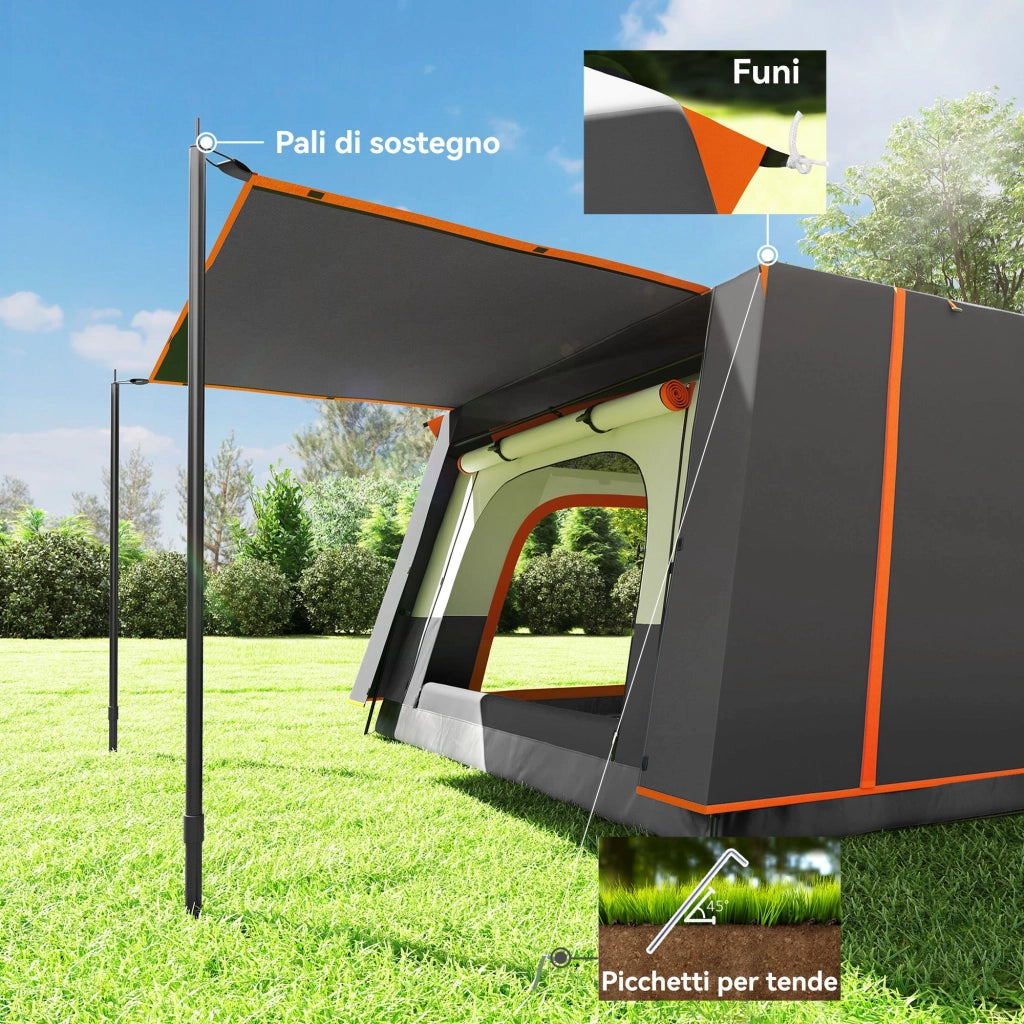 Tenda da Campeggio Impermeabile e UPF 30+ 430x305x195 cm per 4-6 Persone con 2 Stanze Grigio