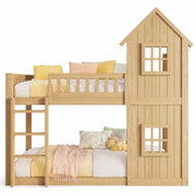 Letto a Castello 90x200 cm - Scala a 3 Gradini; Finestre e Sponde - Legno Naturale
