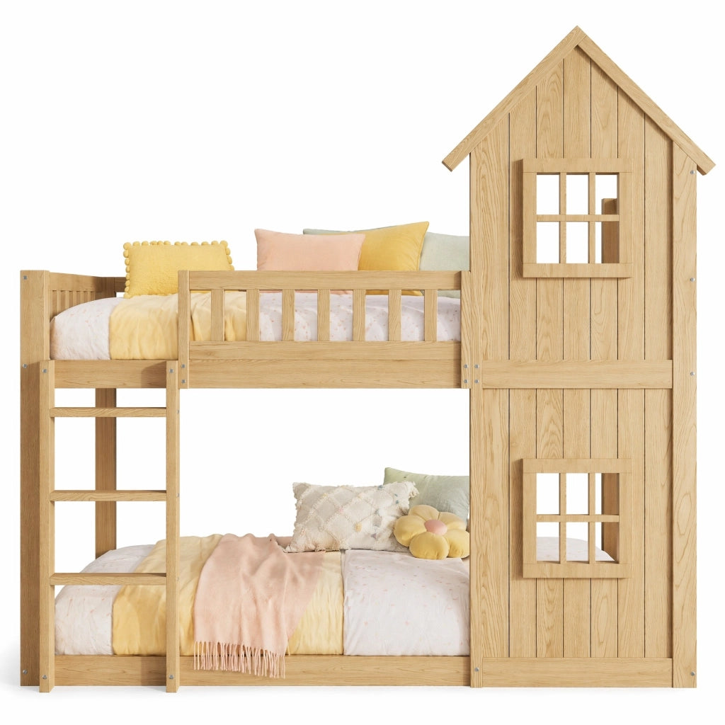 Letto a Castello 90x200 cm - Scala a 3 Gradini; Finestre e Sponde - Legno Naturale