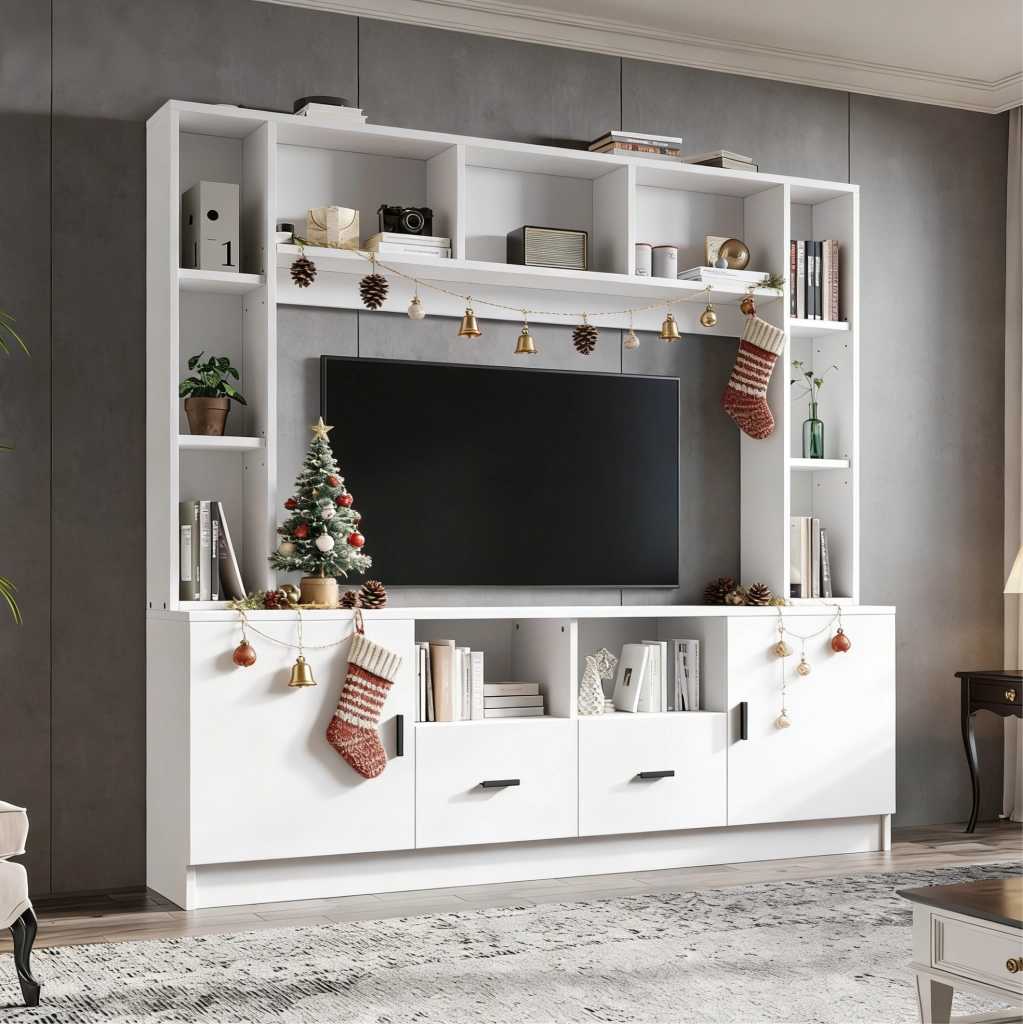 Mobile TV bianco con 2 armadi, 2 cassetti e 11 vani